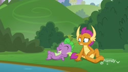 Size: 1920x1080 | Tagged: safe, screencap, character:smolder, character:spike, species:dragon, episode:father knows beast, g4, my little pony: friendship is magic, discovery family logo, dragoness, duo, female, male, sitting, twig, winged spike