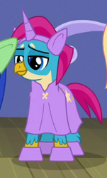 Size: 171x283 | Tagged: safe, screencap, character:gallus, species:griffon, episode:horse play, g4, my little pony: friendship is magic, clothing, costume, cropped, fake horn, male, pony costume, smiling, solo, solo focus