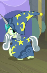 Size: 269x416 | Tagged: safe, screencap, character:sandbar, species:earth pony, species:pony, episode:horse play, g4, my little pony: friendship is magic, clothing, cropped, fake beard, fake horn, hat, robe, solo, star swirl the bearded costume, wizard hat