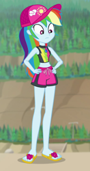 Size: 396x752 | Tagged: safe, screencap, character:rainbow dash, equestria girls:forgotten friendship, g4, my little pony:equestria girls, beach, bikini, bikini top, cap, clothing, cropped, cute, dashabetes, feet, flip-flops, geode of super speed, hat, legs, magical geodes, sandals, shorts, sleeveless, swimming trunks, swimsuit