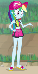 Size: 382x740 | Tagged: safe, screencap, character:rainbow dash, equestria girls:forgotten friendship, g4, my little pony:equestria girls, beach, bikini, bikini top, cap, clothing, cropped, cute, dashabetes, feet, flip-flops, geode of super speed, hat, legs, magical geodes, pointing, sandals, shorts, sleeveless, swimming trunks, swimsuit