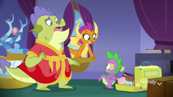Size: 1920x1080 | Tagged: safe, screencap, character:sludge, character:smolder, character:spike, species:dragon, episode:father knows beast, g4, my little pony: friendship is magic, clothing, raised eyebrow, robe, shocked, suitcase, winged spike