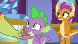 Size: 1920x1080 | Tagged: safe, screencap, character:sludge, character:smolder, character:spike, species:dragon, episode:father knows beast, g4, my little pony: friendship is magic, bedroom, happy, holding claws, twilight's castle, winged spike