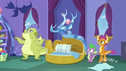 Size: 1920x1080 | Tagged: safe, screencap, character:sludge, character:smolder, character:spike, species:dragon, episode:father knows beast, g4, my little pony: friendship is magic, bed, bedroom, blanket, bucket, claws, confession, fraud, impostor, pillow, pudgy, raised eyebrow, trio, window, winged spike