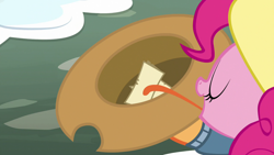 Size: 1280x720 | Tagged: safe, screencap, character:applejack, character:pinkie pie, episode:best gift ever, g4, my little pony: friendship is magic, applejack's hat, clothing, cowboy hat, hat, illuminati confirmed, pinkie being pinkie, prehensile tongue, tongue out, yoshi