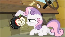 Size: 1369x770 | Tagged: safe, screencap, character:sweetie belle, species:pony, species:unicorn, episode:one bad apple, g4, my little pony: friendship is magic, apple timer, evil grin, female, filly, floppy ears, foal, grin, prone, scary face, sinister, smiling