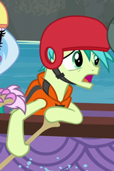 Size: 480x720 | Tagged: safe, screencap, character:sandbar, character:silverstream, character:yona, species:earth pony, species:pony, episode:non-compete clause, g4, my little pony: friendship is magic, cropped, helmet, lifejacket, male, offscreen character, teenager
