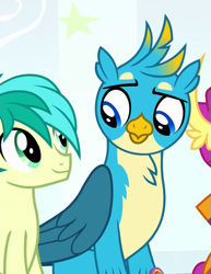 Size: 417x540 | Tagged: safe, screencap, character:gallus, character:sandbar, species:earth pony, species:griffon, species:pony, episode:a matter of principals, g4, my little pony: friendship is magic, chest fluff, cropped, male, smiling, teenager