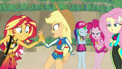 Size: 1920x1080 | Tagged: safe, screencap, character:applejack, character:fluttershy, character:pinkie pie, character:rainbow dash, character:sunset shimmer, equestria girls:forgotten friendship, g4, my little pony:equestria girls, belly button, clothing, geode of empathy, geode of fauna, geode of sugar bombs, geode of super speed, geode of super strength, magical geodes, midriff, sleeveless, summer sunset, swimsuit, wetsuit
