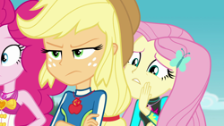 Size: 1920x1080 | Tagged: safe, screencap, character:applejack, character:fluttershy, character:pinkie pie, equestria girls:forgotten friendship, g4, my little pony:equestria girls, clothing, female, geode of fauna, geode of sugar bombs, geode of super strength, magical geodes, sleeveless