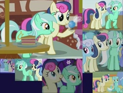 Size: 560x423 | Tagged: safe, screencap, character:bon bon, character:lyra heartstrings, character:sweetie drops, collage, compilation, parasprite, ponies standing next to each other