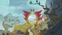 Size: 1440x808 | Tagged: safe, screencap, character:pinkie pie, character:rainbow dash, species:pony, episode:the lost treasure of griffonstone, g4, my little pony: friendship is magic, gate, gateway arch, griffonstone, house, pine tree, pinecone, tree