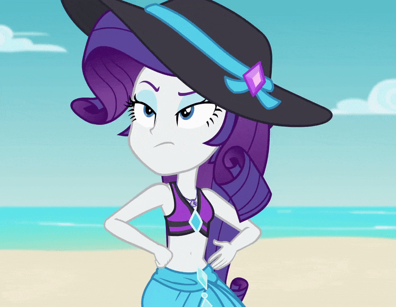 Size: 800x622 | Tagged: safe, screencap, character:rarity, equestria girls:forgotten friendship, g4, my little pony:equestria girls, animated, beach, belly button, bikini, bikini top, clothing, cropped, female, geode of shielding, gif, hat, magical geodes, midriff, ocean, rarity is not amused, solo, sun hat, swimsuit, towel, unamused