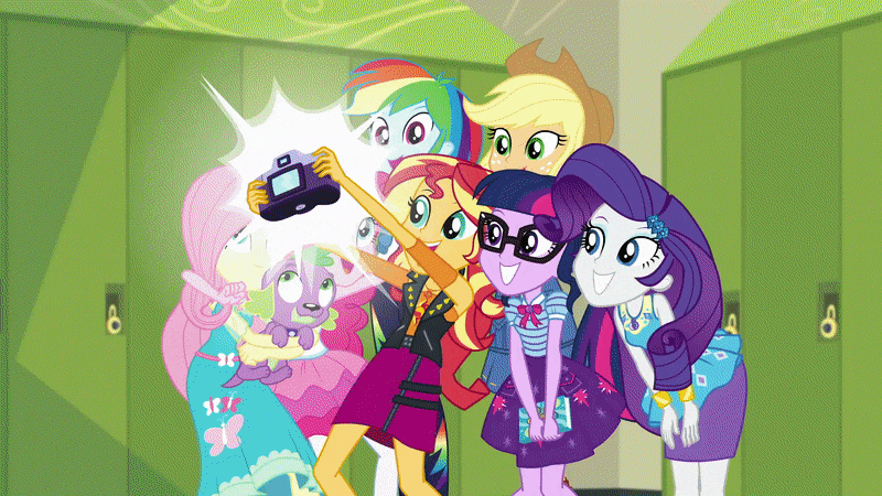Size: 800x450 | Tagged: safe, screencap, character:angel bunny, character:applejack, character:fluttershy, character:pinkie pie, character:rainbow dash, character:rarity, character:spike, character:spike (dog), character:sunset shimmer, character:twilight sparkle, character:twilight sparkle (scitwi), species:bird, species:dog, species:eqg human, equestria girls:forgotten friendship, g4, my little pony:equestria girls, angelbetes, animated, book, cute, geode of empathy, geode of fauna, geode of shielding, geode of sugar bombs, geode of super speed, geode of super strength, geode of telekinesis, gif, humane five, humane seven, humane six, library, lucky bastard, magical geodes, photo, sandals, selfie, shimmerbetes, shipping fuel, shyabetes, smiling, spike you lucky bastard, transition