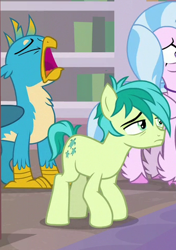 Size: 338x479 | Tagged: safe, screencap, character:gallus, character:sandbar, character:silverstream, species:classical hippogriff, species:earth pony, species:griffon, species:hippogriff, species:pony, episode:what lies beneath, g4, my little pony: friendship is magic, cutie mark, eyes closed, female, male, tired