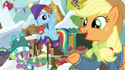 Size: 1280x720 | Tagged: safe, screencap, character:applejack, character:rainbow dash, character:rainbow stars, character:spike, species:dragon, episode:best gift ever, g4, my little pony: friendship is magic, clothing, scarf, snow, winged spike