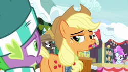 Size: 1280x720 | Tagged: safe, screencap, character:applejack, character:burnt oak, character:spike, species:dragon, episode:best gift ever, g4, my little pony: friendship is magic, plot, snow, winged spike
