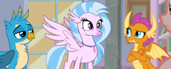 Size: 1525x618 | Tagged: safe, screencap, character:cozy glow, character:gallus, character:silverstream, character:smolder, species:dragon, species:griffon, species:hippogriff, episode:what lies beneath, g4, my little pony: friendship is magic