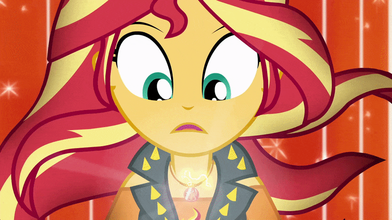 Size: 800x450 | Tagged: safe, screencap, character:sunset shimmer, equestria girls:forgotten friendship, g4, my little pony:equestria girls, alternative cutie mark placement, animated, facial cutie mark, female, geode of empathy, gif, magical geodes, solo