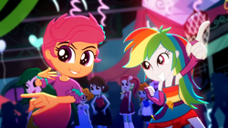 Size: 1920x1080 | Tagged: safe, screencap, character:captain planet, character:rainbow dash, character:scootaloo, character:scribble dee, character:sophisticata, character:velvet sky, species:pegasus, species:pony, episode:raise this roof, eqg summertime shorts, g4, my little pony:equestria girls, background human, cute, cutealoo, dance floor, dancing, dashabetes, duo, fall formal outfits, female, golden hazel, rose heart, sleeveless, smiling, sophisticata, sweet leaf, velvet sky