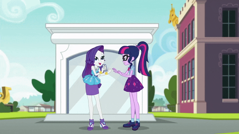 Size: 800x450 | Tagged: safe, screencap, character:rarity, character:twilight sparkle, character:twilight sparkle (scitwi), species:eqg human, episode:text support, g4, my little pony:equestria girls, animated, breaking the fourth wall, cellphone, duo, emoji, fourth wall, geode of shielding, geode of telekinesis, gif, magical geodes, phone, ponytail, smartphone, text support: rarity
