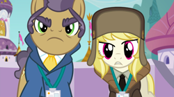 Size: 1440x809 | Tagged: safe, screencap, character:joe pescolt, character:march gustysnows, species:earth pony, species:pony, episode:princess spike, g4, my little pony: friendship is magic, clothing, duo, female, frown, hat, jacket, male, mare, name tag, necktie, stallion