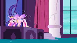 Size: 1440x806 | Tagged: safe, screencap, character:princess cadance, species:alicorn, species:pony, episode:princess spike, g4, my little pony: friendship is magic, behaving like a dog, colored wings, crouching, female, gradient wings, mare, water, wet mane, wet-dog shake