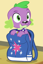 Size: 693x1036 | Tagged: safe, screencap, character:spike, species:dog, equestria girls:equestria girls, g4, my little pony:equestria girls, backpack, cropped, male, paws, smiling, solo, spike the dog, spike's dog collar