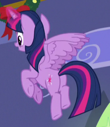 Size: 279x320 | Tagged: safe, screencap, character:twilight sparkle, character:twilight sparkle (alicorn), species:alicorn, species:pony, episode:best gift ever, g4, my little pony: friendship is magic, cropped, female, flying, mare, plot, solo, underhoof