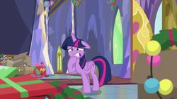 Size: 1280x720 | Tagged: safe, screencap, character:twilight sparkle, character:twilight sparkle (alicorn), species:alicorn, species:pony, episode:best gift ever, g4, my little pony: friendship is magic, christmas ornament, christmas wreath, decoration, floppy ears, ornament, solo, worried, wreath