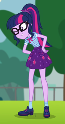 Size: 406x769 | Tagged: safe, screencap, character:twilight sparkle, character:twilight sparkle (scitwi), species:eqg human, equestria girls:forgotten friendship, g4, my little pony:equestria girls, clothing, cropped, female, geode of telekinesis, glasses, magical geodes, one eye closed, ponytail, shoes, skirt, smiling, socks, wink