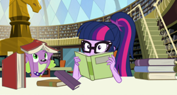 Size: 1392x746 | Tagged: safe, screencap, character:spike, character:spike (dog), character:twilight sparkle, character:twilight sparkle (scitwi), species:dog, species:eqg human, equestria girls:forgotten friendship, g4, my little pony:equestria girls, book, cropped, duo, library