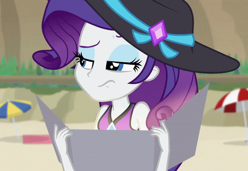 Size: 800x551 | Tagged: safe, screencap, character:rarity, equestria girls:forgotten friendship, g4, my little pony:equestria girls, animated, beach, belly button, clothing, cropped, eyeroll, gif, hat, rarity is not amused, sand, solo, swimsuit, tanning mirror, umbrella, unamused