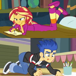 Size: 2048x2048 | Tagged: safe, screencap, character:flash sentry, character:sunset shimmer, episode:a banner day, equestria girls:forgotten friendship, equestria girls:friendship games, g4, my little pony:equestria girls, comparison, tongue out