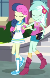 Size: 366x570 | Tagged: safe, screencap, character:bon bon, character:lyra heartstrings, character:sweetie drops, episode:all's fair in love & friendship games, equestria girls:friendship games, g4, my little pony:equestria girls, best friends, book, eyes closed, female, linked arms, shipping fuel, smiling, walking