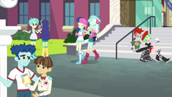 Size: 1920x1080 | Tagged: safe, screencap, character:blueberry cake, character:bon bon, character:curly winds, character:drama letter, character:lyra heartstrings, character:sweetie drops, character:watermelody, character:wiz kid, episode:all's fair in love & friendship games, equestria girls:friendship games, g4, my little pony:equestria girls, background human, blueberry cake, care root, crimson napalm, curly winds, female, linked arms, shipping fuel, skull, some blue guy, tennis match, wiz kid