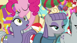 Size: 1280x720 | Tagged: safe, screencap, character:limestone pie, character:marble pie, character:maud pie, character:pinkie pie, episode:best gift ever, g4, my little pony: friendship is magic, forehead kiss, kissing, platonic kiss