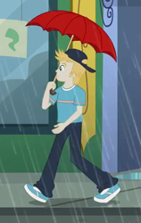 Size: 335x531 | Tagged: safe, screencap, episode:monday blues, eqg summertime shorts, g4, my little pony:equestria girls, background human, clothing, gold rush (character), male, pants, shoes, sneakers, solo, umbrella