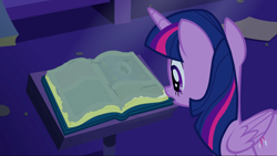 Size: 1440x811 | Tagged: safe, screencap, character:twilight sparkle, character:twilight sparkle (alicorn), species:alicorn, species:pony, episode:amending fences, g4, my little pony: friendship is magic, book, dust, female, mare, open book, predictions and prophecies, solo, twilight's canterlot home