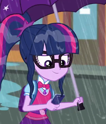 Size: 618x720 | Tagged: safe, screencap, character:twilight sparkle, character:twilight sparkle (scitwi), species:eqg human, episode:monday blues, eqg summertime shorts, g4, my little pony:equestria girls, cropped, female, geode of telekinesis, glasses, magical geodes, smiling, solo, wet hair