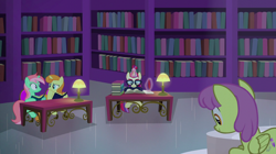 Size: 1440x808 | Tagged: safe, screencap, character:moondancer, character:parasol, species:pegasus, species:pony, species:unicorn, episode:amending fences, g4, my little pony: friendship is magic, background pony, book, bookshelf, canterlot library, cotton mint, desk, female, glowing horn, horn, lamp, levitation, library, magic, magic aura, mare, mint julep, quill, reading, telekinesis, tropical sunrise