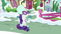 Size: 1280x720 | Tagged: safe, screencap, character:rarity, species:pony, species:unicorn, episode:best gift ever, g4, my little pony: friendship is magic, female, mare, shrug, sitting, smiling, snow, solo, sunglasses