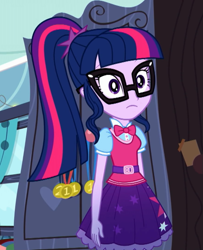 Size: 585x720 | Tagged: safe, screencap, character:twilight sparkle, character:twilight sparkle (scitwi), species:eqg human, episode:leaping off the page, eqg summertime shorts, g4, my little pony:equestria girls, clothing, cropped, glasses, ponytail, rainbow dash's bedroom, skirt