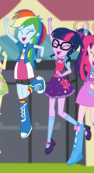Size: 276x507 | Tagged: safe, screencap, character:fluttershy, character:pinkie pie, character:rainbow dash, character:twilight sparkle, character:twilight sparkle (scitwi), species:eqg human, episode:get the show on the road, eqg summertime shorts, g4, my little pony:equestria girls, boots, clothing, compression shorts, cropped, female, geode of super speed, geode of telekinesis, legs, magical geodes, mary janes, offscreen character, ponytail, shoes, shorts, skirt, smiling