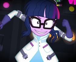 Size: 1307x1072 | Tagged: safe, screencap, character:twilight sparkle, character:twilight sparkle (scitwi), species:eqg human, episode:mad twience, eqg summertime shorts, g4, my little pony:equestria girls, >:d, clothing, evil grin, grin, lab coat, mad scientist, smiling