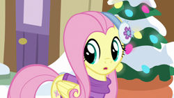 Size: 1280x720 | Tagged: safe, screencap, character:fluttershy, species:pegasus, species:pony, episode:best gift ever, g4, my little pony: friendship is magic, :o, clothing, earmuffs, female, mare, open mouth, snow, solo, sweater