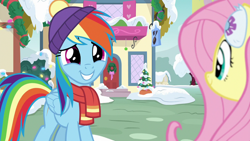 Size: 1280x720 | Tagged: safe, screencap, character:fluttershy, character:rainbow dash, episode:best gift ever, g4, my little pony: friendship is magic, clothing, earmuffs, scarf, snow