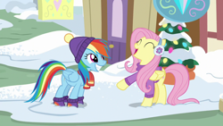 Size: 1280x720 | Tagged: safe, screencap, character:fluttershy, character:rainbow dash, species:pegasus, species:pony, episode:best gift ever, g4, my little pony: friendship is magic, clothing, cute, dashabetes, earmuffs, eyes closed, female, hat, mare, open mouth, raised hoof, scarf, shyabetes, smiling, snow, sweater