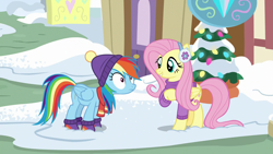 Size: 1280x720 | Tagged: safe, screencap, character:fluttershy, character:rainbow dash, episode:best gift ever, g4, my little pony: friendship is magic, clothing, earmuffs, scarf, snow