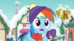 Size: 1280x720 | Tagged: safe, screencap, character:rainbow dash, species:pegasus, species:pony, episode:best gift ever, g4, my little pony: friendship is magic, clothing, cute, dashabetes, female, hat, mare, raised hoof, scarf, snow, solo
